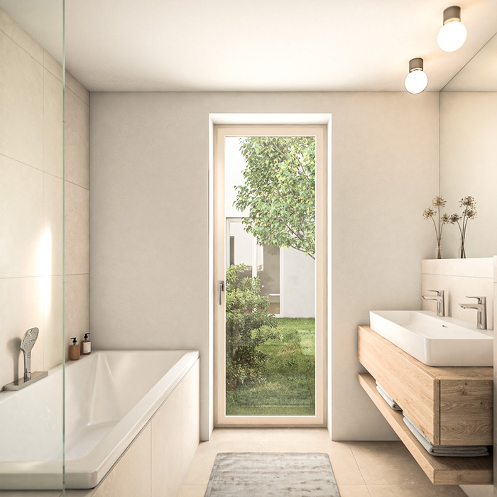 Design Duette Badezimmer mit Gartenblick